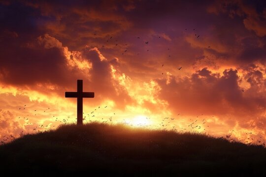Cross at Sunset on Grassy Hill Christian Symbol of Faith and Reflection - Powered by Adobe