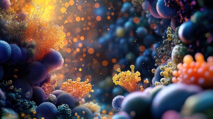 A vibrant, abstract coral reef scene with a glowing sun and bokeh effect in the background.