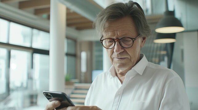 Elderly man using a smartphone, looking puzzled.