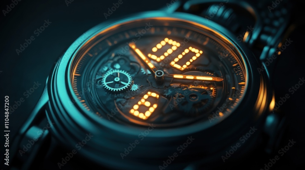Poster a close-up of a futuristic watch with glowing digits and intricate mechanical details.