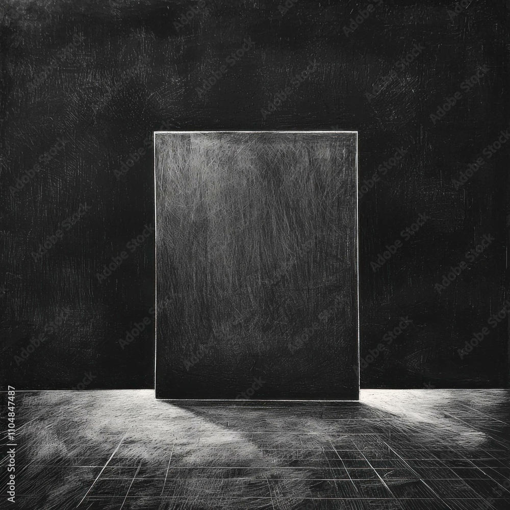 Poster minimalistic black and white scene with a large blank canvas in an empty room, focusing on textures 