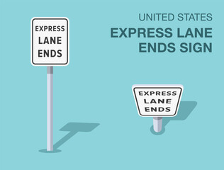 Traffic regulation rules. Isolated United States "express lane ends" road sign. Front and top view. Flat vector illustration template.