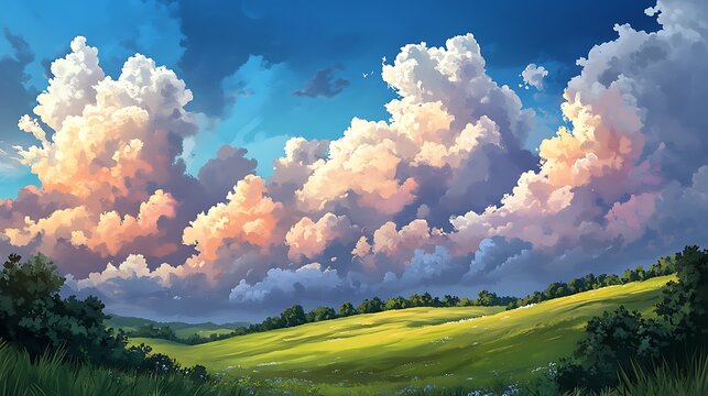 A rolling hillside under a dramatic sky filled with fluffy, sunlit clouds, painted in vibrant colors. 