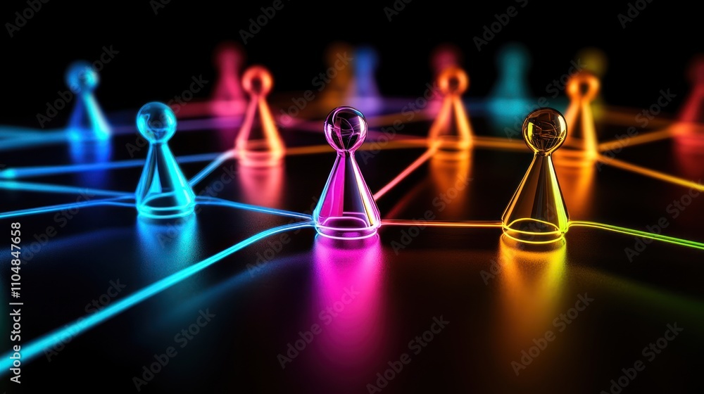 Poster colorful game pieces connected by glowing lines, symbolizing networking and interaction.