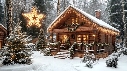 A Christmas star shining brightly over a peaceful snowy countryside