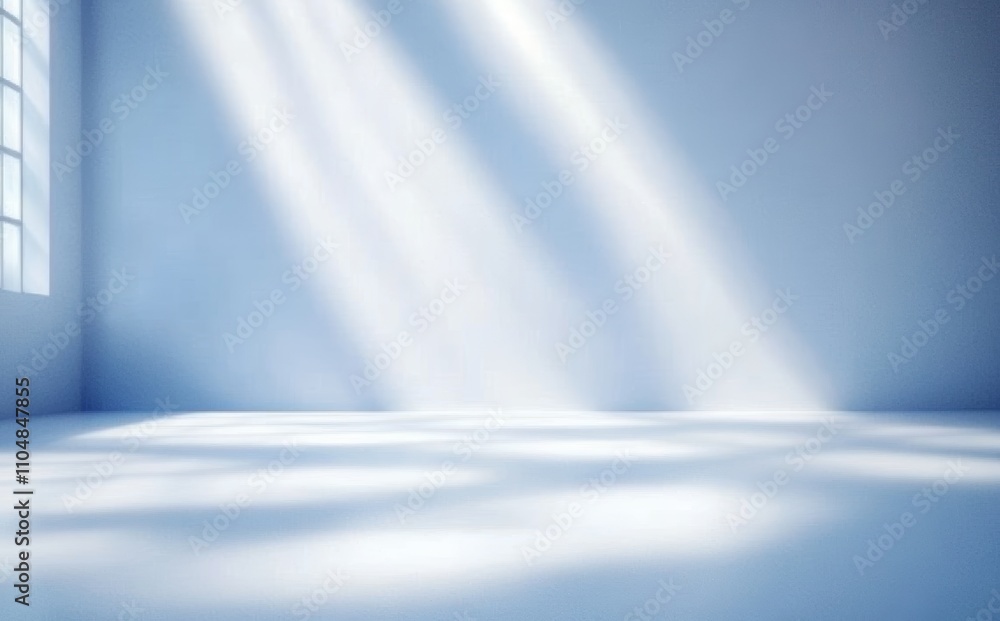 Poster light blue minimalist room background with soft natural light and shadows for product presentation