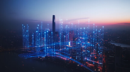 Fototapeta premium Smart digital city with connection cyber security network reciprocity over the twilight cityscape.future wireless digital city and social media networking systems that connects people within the city