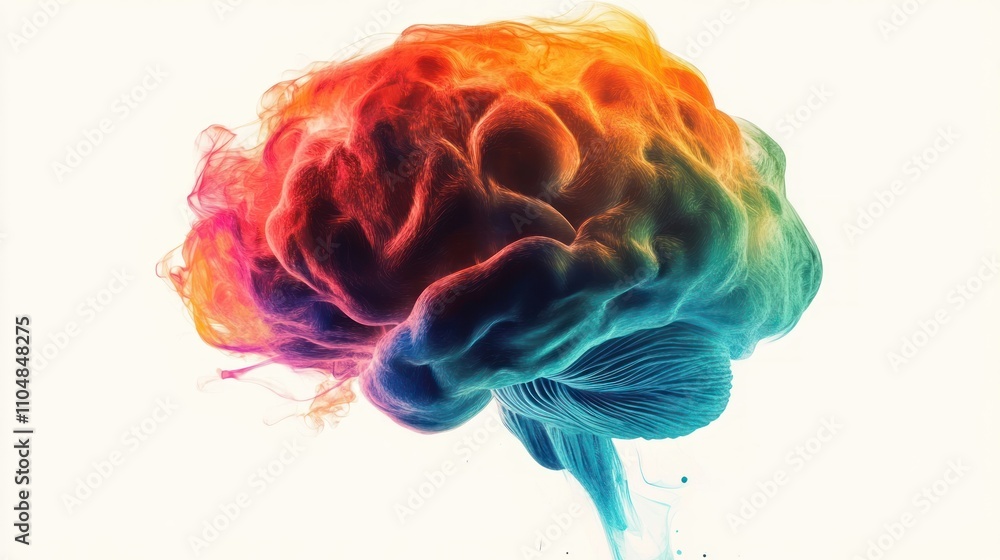 Poster a vibrant, abstract representation of a brain with colorful swirls and textures.