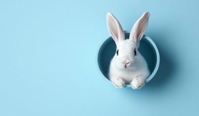 Obraz premium White Bunny Peeks Out of Round Blue Hole Cute Fluffy Easter Rabbit