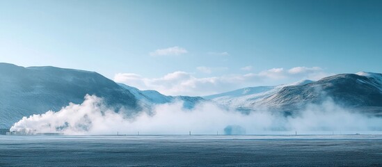 A misty morning scene with mountains in the distance, the fog rolling through the valley.