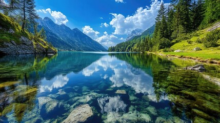Serene lake reflecting mountains and clouds under a bright blue sky.