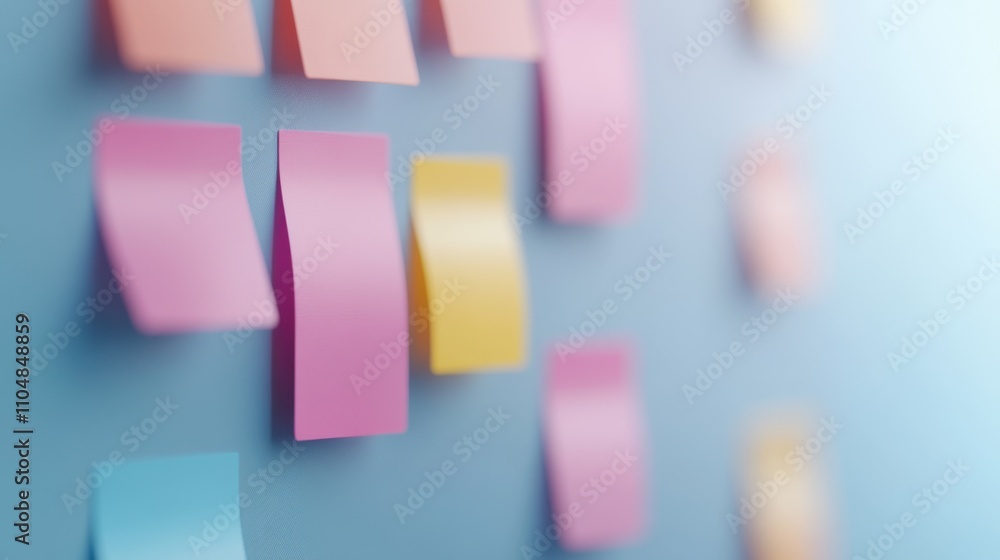 Poster a vibrant array of colorful sticky notes on a blue background, illustrating creativity and organizat