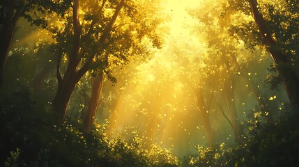 Obraz premium A serene painting of a forest glowing with golden light filtering through the treetops. 