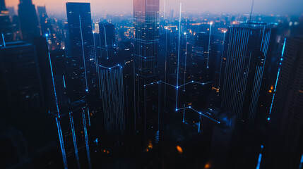  Smart digital city with connection cyber security network reciprocity over the twilight cityscape.future wireless digital city and social media networking systems that connects people within the city
