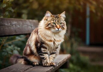 Fototapeta premium beautiful Siberian cat walking in rural yard, sitting on wooden bench, cat summer portrait