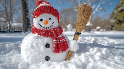 Fototapeta premium A jolly snowman holding a broomstick surrounded by snow-covered fields and trees