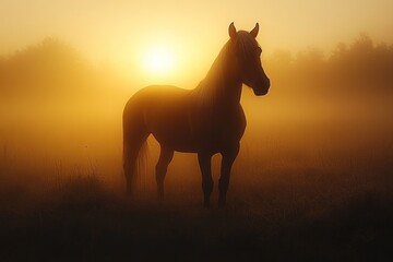 A lone horse stands silhouetted against a hazy sunrise, its mane flowing in the breeze. The golden light illuminates the mist, creating a sense of mystery and tranquility.