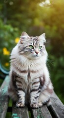 Obraz premium beautiful Siberian cat walking in rural yard, sitting on wooden bench, cat summer portrait