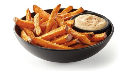 A bowl of sweet potato fries served with a creamy dipping sauce.