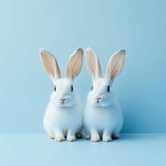 Obraz premium White Rabbits with Large Ears on Pastel Blue Background Minimalist Poster with Copy Space for Text