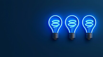 Demand of peak energy concept. Three glowing blue light bulbs against a dark background.
