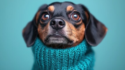 Adorable Dog in Teal Knit Sweater Winter Pet Portrait