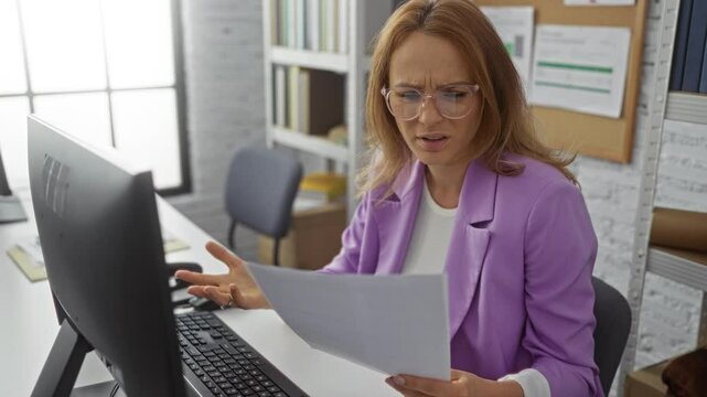 Woman in purple blazer reading document at desk with computer in modern office setting, expressing confusion or frustration amidst organized interior surroundings