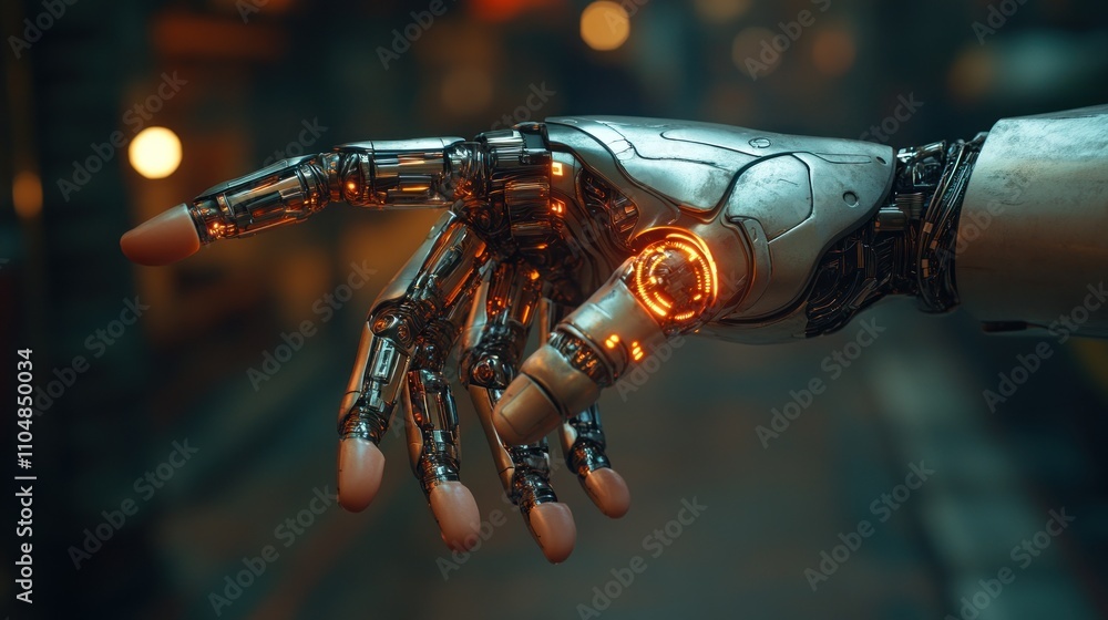 Poster a close-up of a robotic hand with glowing circuits, extending a finger towards the viewer.