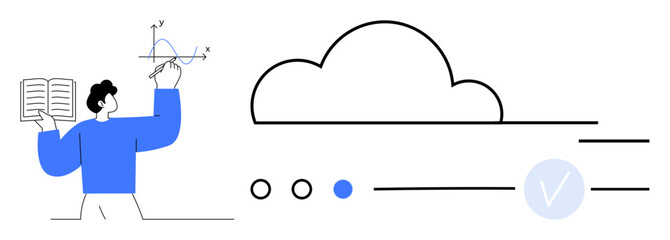Student holding book and drawing graph on whiteboard, alongside a cloud storage symbol. Ideal for education, data transfer, cloud computing, e-learning, technology integration, remote learning