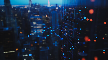 Fototapeta premium Smart digital city with connection cyber security network reciprocity over the twilight cityscape.future wireless digital city and social media networking systems that connects people within the city