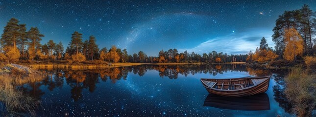 Fototapeta premium Serene autumn night scene with a wooden rowboat on a calm lake reflecting a starlit sky and colorful trees.