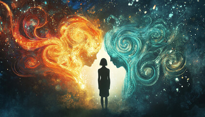 Fototapeta premium Two silhouettes in conflict surrounded by swirling energy of fire and water