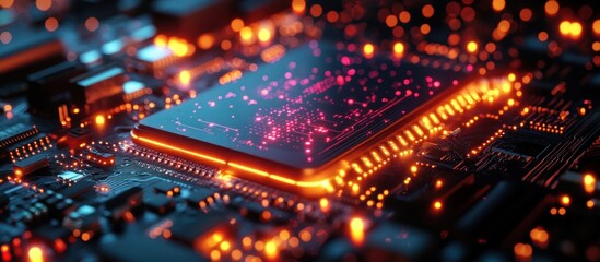 Obraz premium Close-up of a glowing computer chip on a circuit board.