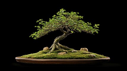 A meticulously styled bonsai tree on a moss-covered base, showcasing nature's artistry.