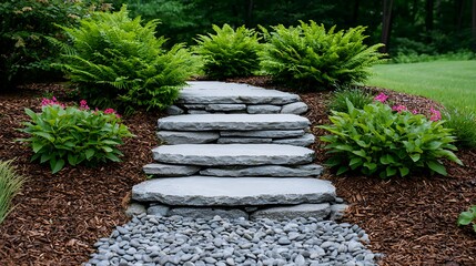 Obraz premium Refreshing garden pathway serene floral steps in a tranquil outdoor setting