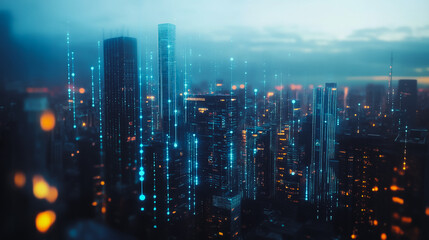 Smart digital city with connection cyber security network reciprocity over the twilight cityscape.future wireless digital city and social media networking systems that connects people within the city