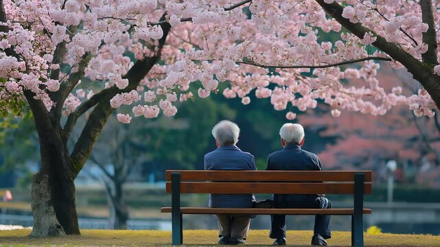 Happy senior old Asian couple sitting on a bench under Japanese sakura blossoms in spring