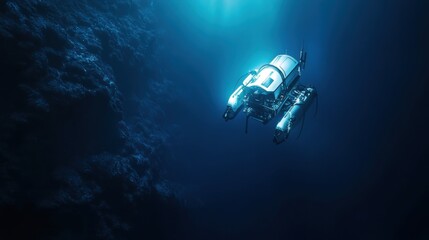 A robotic underwater drone exploring a deep-sea trench, bioluminescent creatures and dark ocean depths, Deep-sea exploration robotics style
