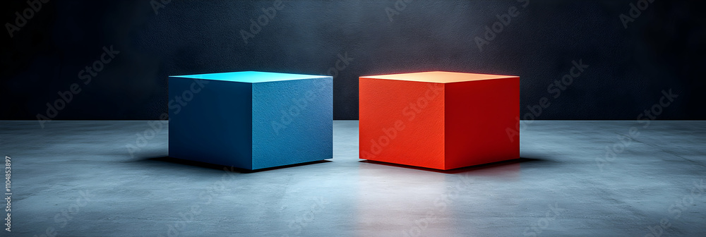 Poster abstract cube display, two vibrant colored blocks on a dark concrete background, illuminated with dr