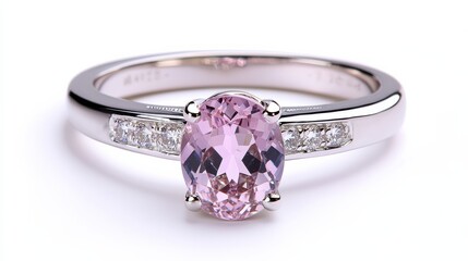Stunning Pink Oval Gemstone Ring with Side Diamonds on Silver Band - High Quality Product Photography
