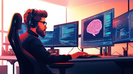 Digital Brain Concept with Coding and AI Elements