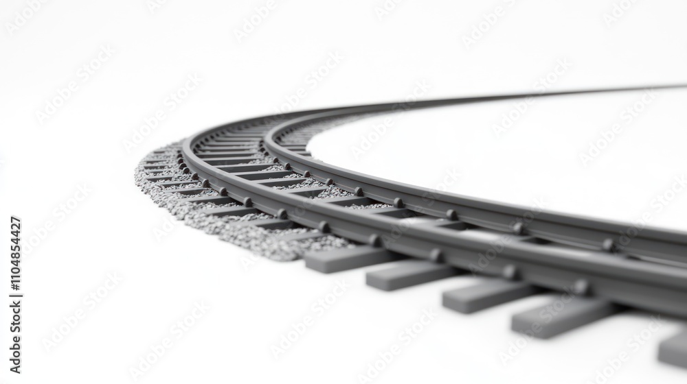 Poster a close-up view of curved railway tracks, emphasizing their structure and alignment.