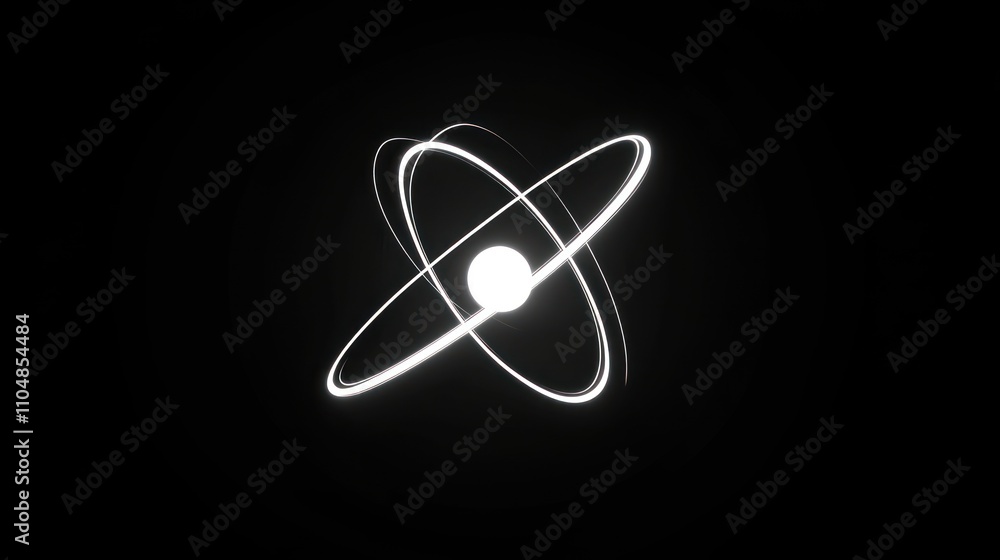 Poster a stylized representation of an atom with orbiting electrons on a dark background.