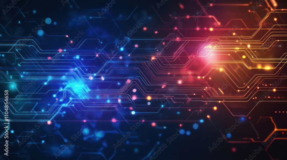 Poster abstract digital circuit design with vibrant colors and glowing elements.