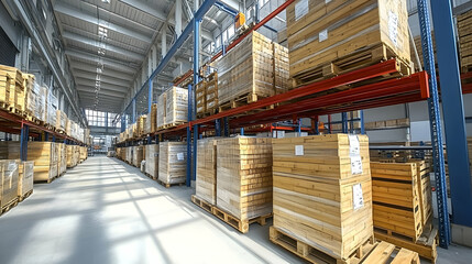 Industrial Warehouse, Rows of Pallets Stacked High with Wooden Goods, Sunlight Streaming Through High Ceilings