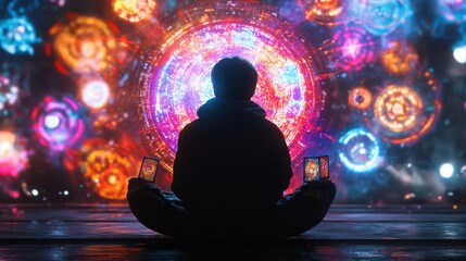 A cyber-mystic oracle, back to viewer, celestial backdrop, casting vibrant holographic tarot cards aloft, adorned with digital spiritual symbols, photorealistic digital rendering
