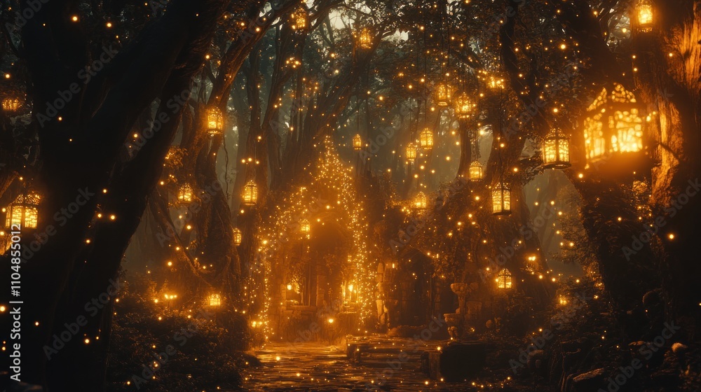 Poster a magical forest illuminated by glowing lanterns, creating an enchanting atmosphere.