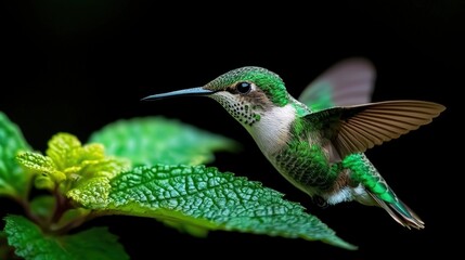 Obraz premium Vibrant Green Hummingbird Hovering Near Lush Green Leaves Black Background