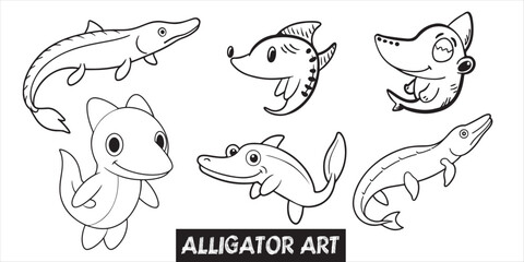 Set of hand-drawn line art illustrations of jungle animals & plants