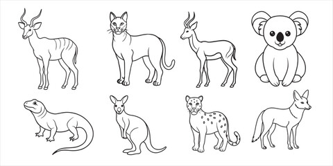 Set of hand-drawn line art illustrations of jungle animals & plants